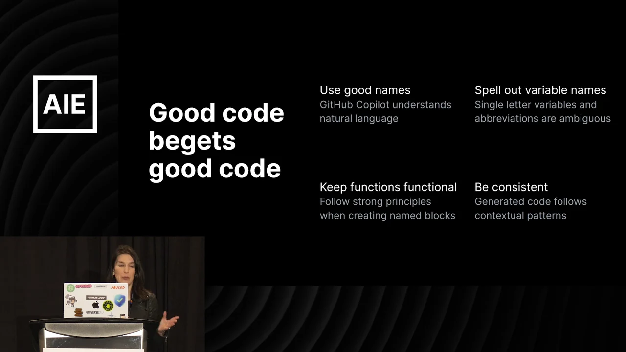 Slide listing Use good names, Spell out variable names, Keep functions functional, and Be consistent.
