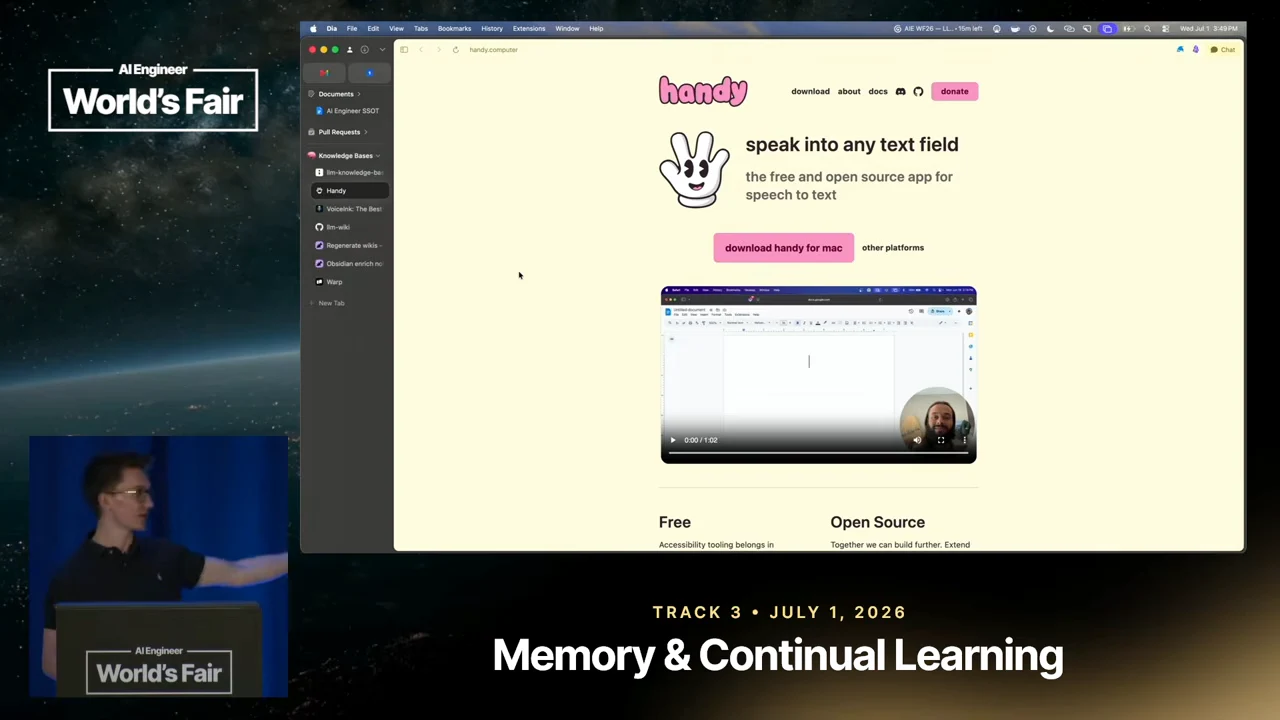 Handy homepage with the heading “speak into any text field,” a download button, and an embedded demonstration.