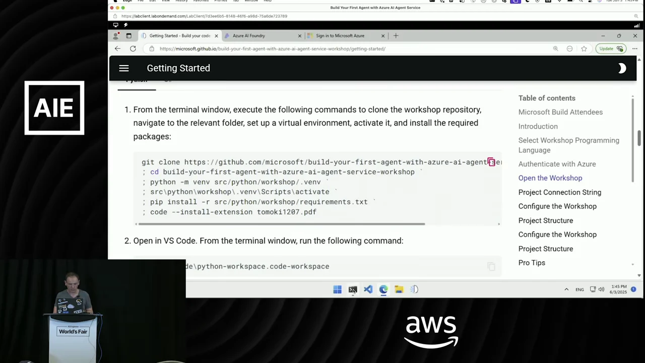 Getting Started browser page with commands for cloning the workshop repository, creating and activating a Python environment, installing requirements, and opening VS Code.