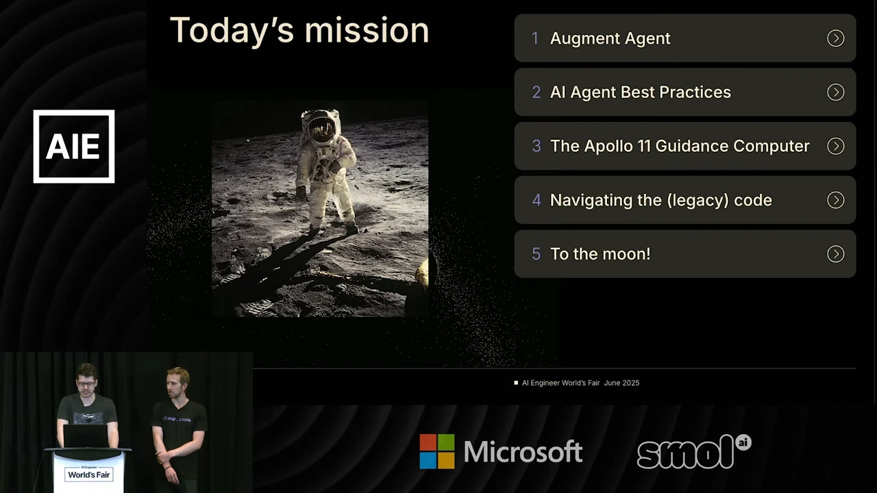 A “Today’s mission” slide pairs an astronaut photograph with five agenda items: Augment Agent, AI Agent Best Practices, The Apollo 11 Guidance Computer, Navigating the (legacy) code, and To the moon!