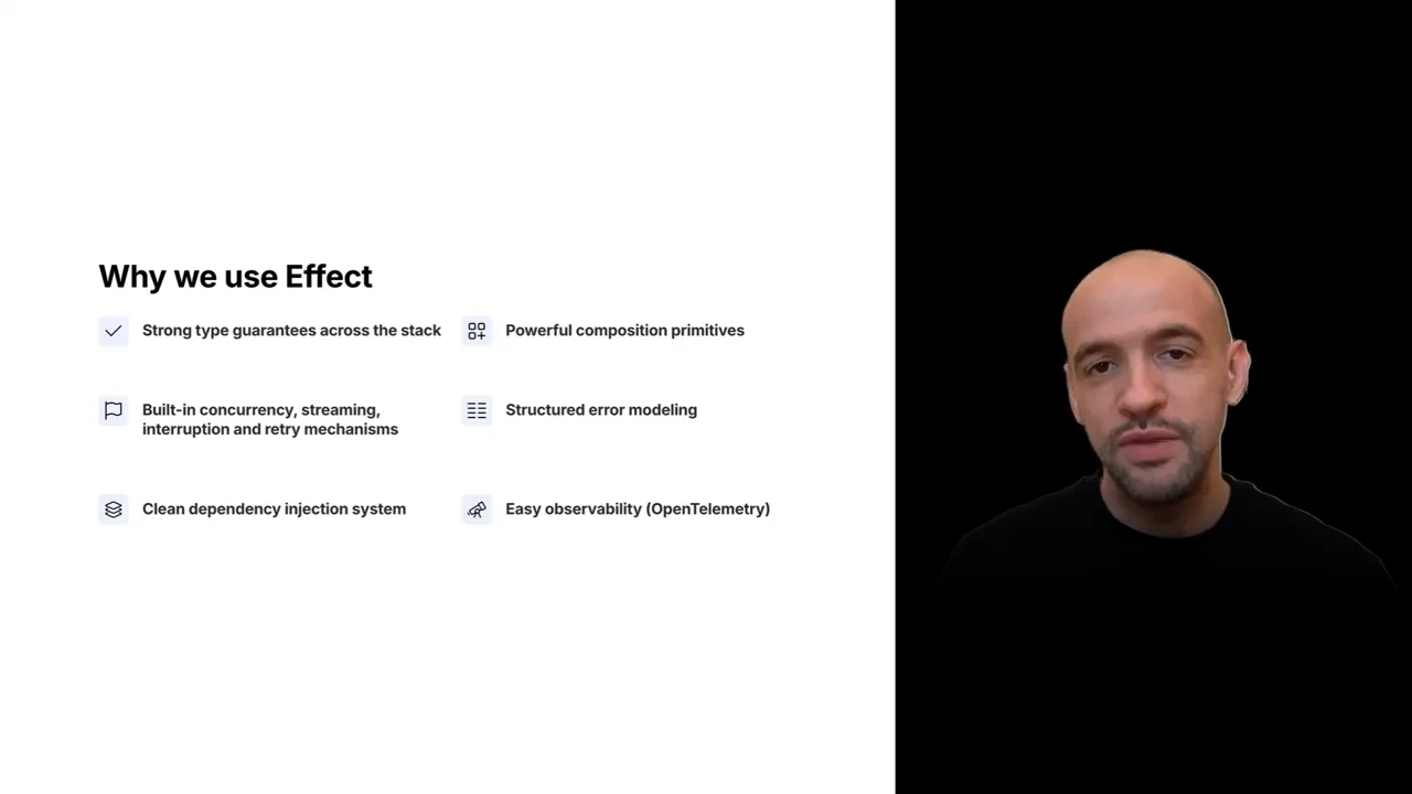 Slide titled “Why we use Effect” lists six capabilities in two columns, with the presenter on the right.