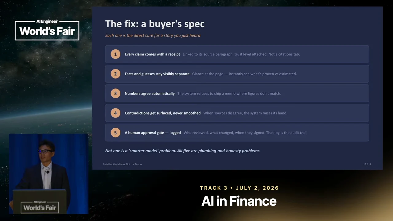 Slide titled “The fix: a buyer's spec” lists five numbered requirements, ending with a logged human approval gate.