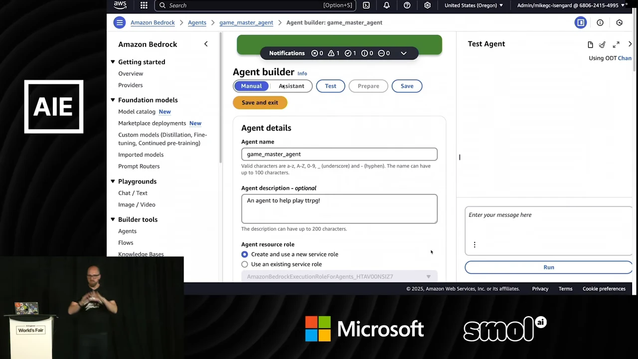 Amazon Bedrock agent builder displaying the game_master_agent name, its tabletop RPG description, resource-role options, and an empty Test Agent panel.