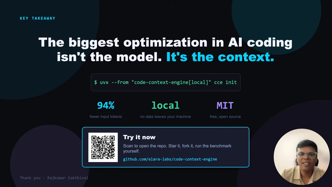 Closing slide says the biggest optimization in AI coding is context, with an installation command, “94%,” “local,” and “MIT” labels, plus a “Try it now” panel containing a QR code and repository link.