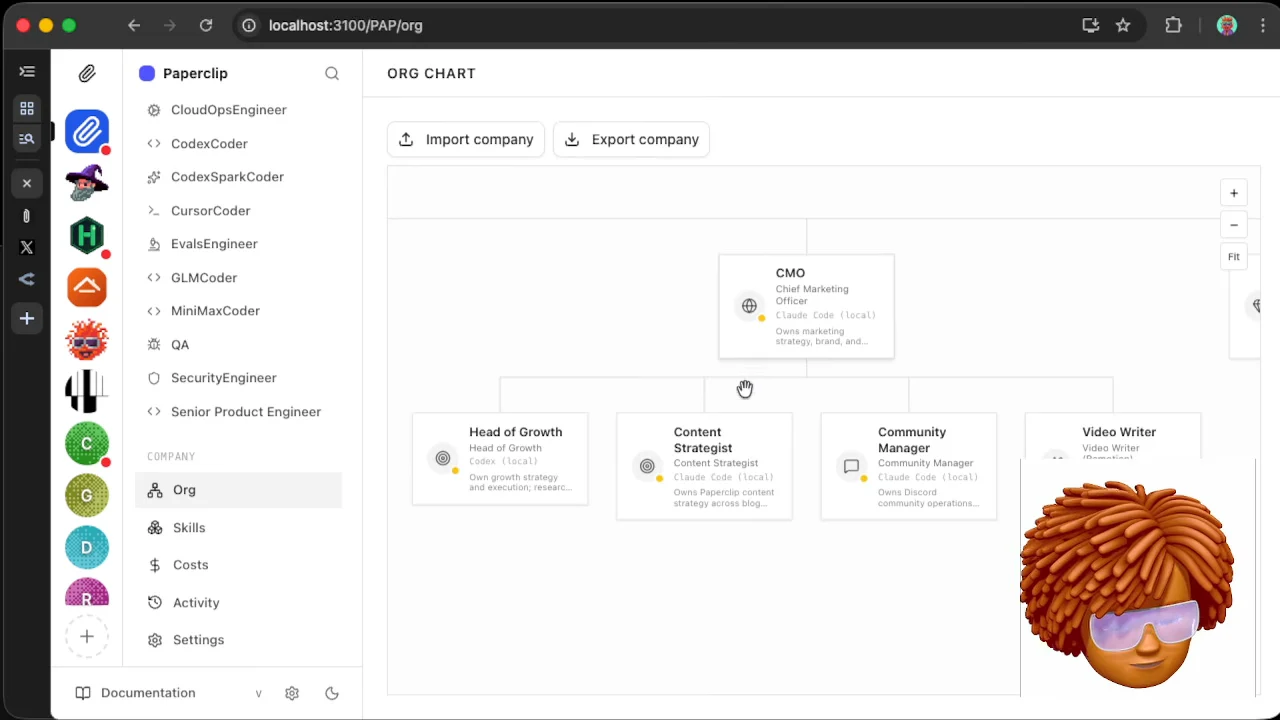 Paperclip org chart showing a CMO above Head of Growth, Content Strategist, Community Manager, and Video Writer cards.