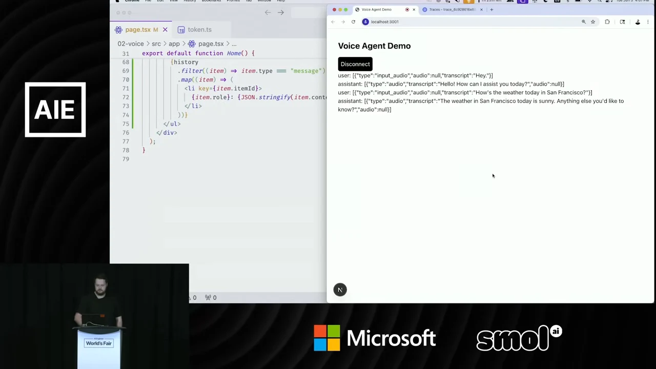 Code editor beside a browser showing Voice Agent Demo, a Disconnect button, and user and assistant messages with transcript text.