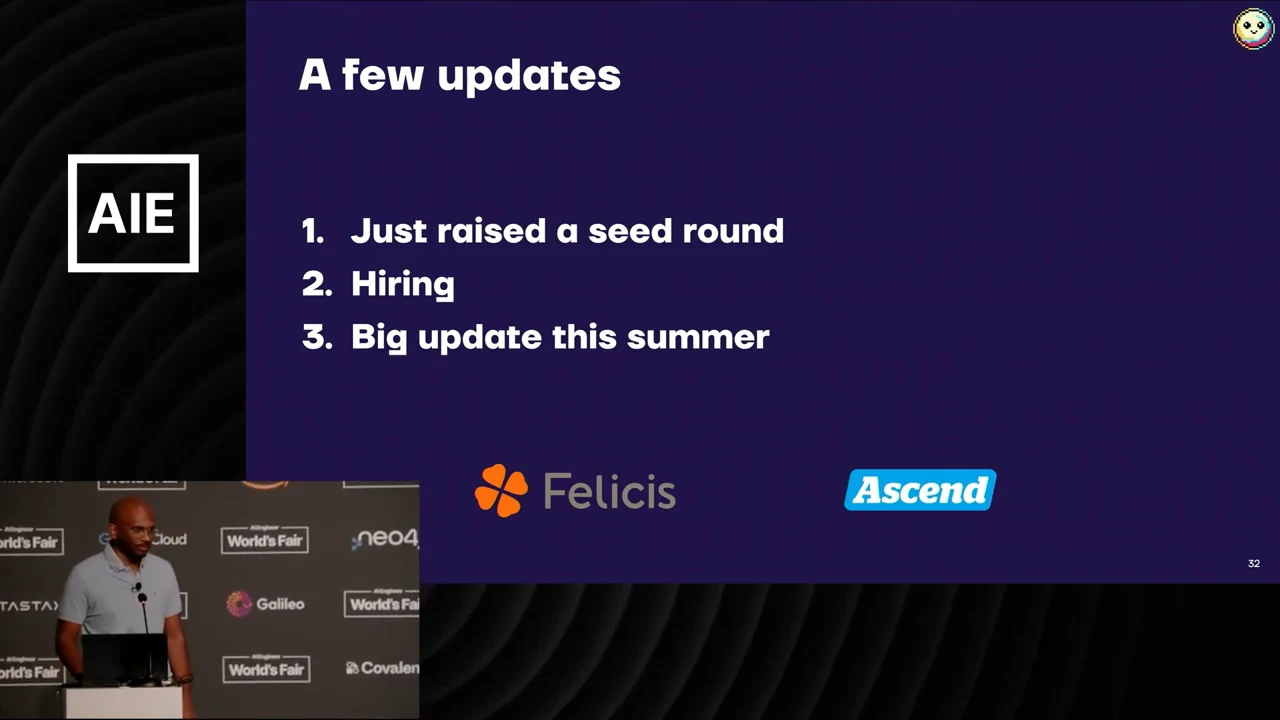 “A few updates” slide lists a seed round, hiring, and a summer update, with Felicis and Ascend logos and a speaker inset.