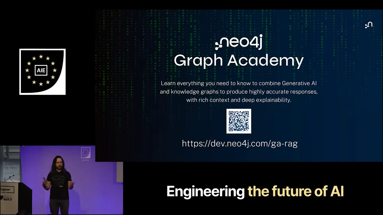 Neo4j Graph Academy slide with descriptive text, a QR code and the URL https://dev.neo4j.com/ga-rag.