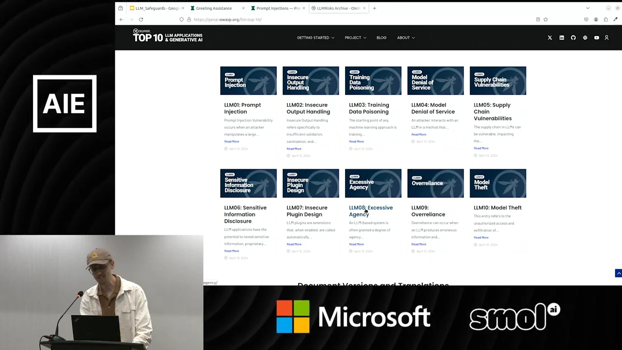 Browser displays ten OWASP LLM risk cards in two rows, including Prompt Injection, Supply Chain Vulnerabilities, Excessive Agency, and Overreliance.
