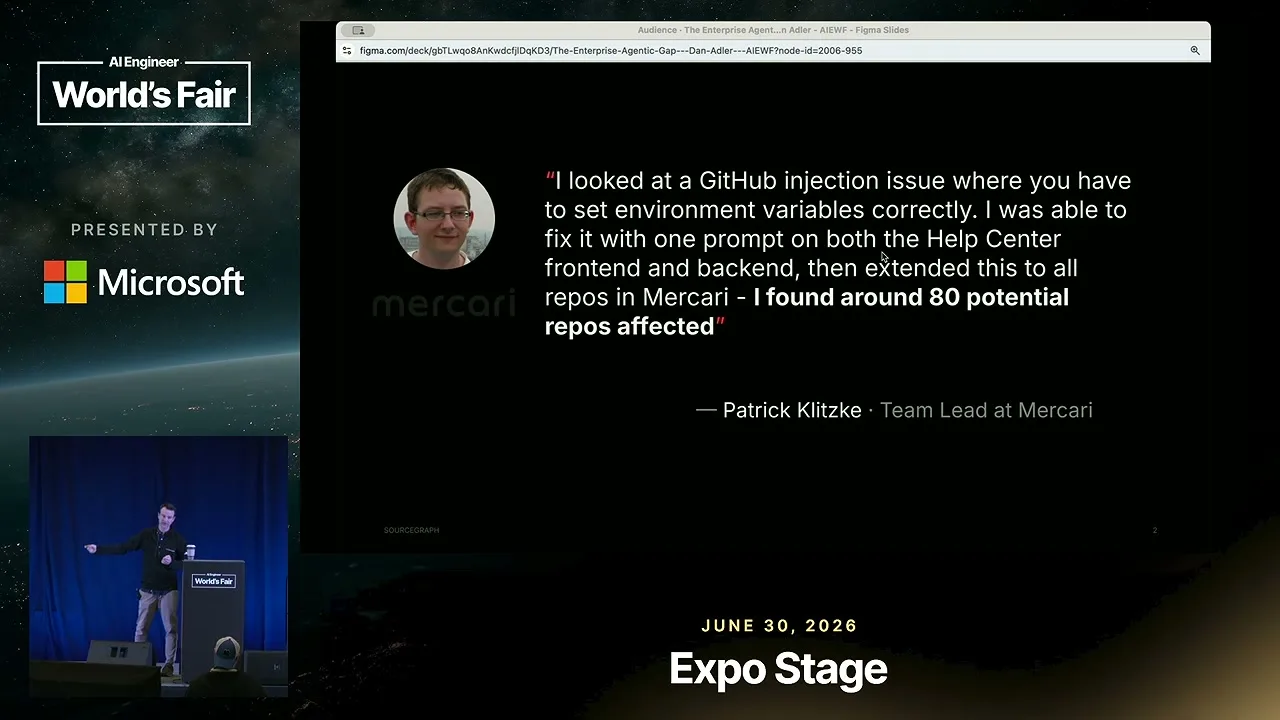 Selected presentation frame from AI Coding Agents Are Breaking Big Codebases — Dan Adler, Sourcegraph at 649 seconds