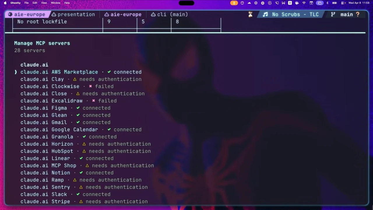 Terminal listing MCP servers and connection statuses, including connected Slack and Linear entries alongside services needing authentication or reporting failure.