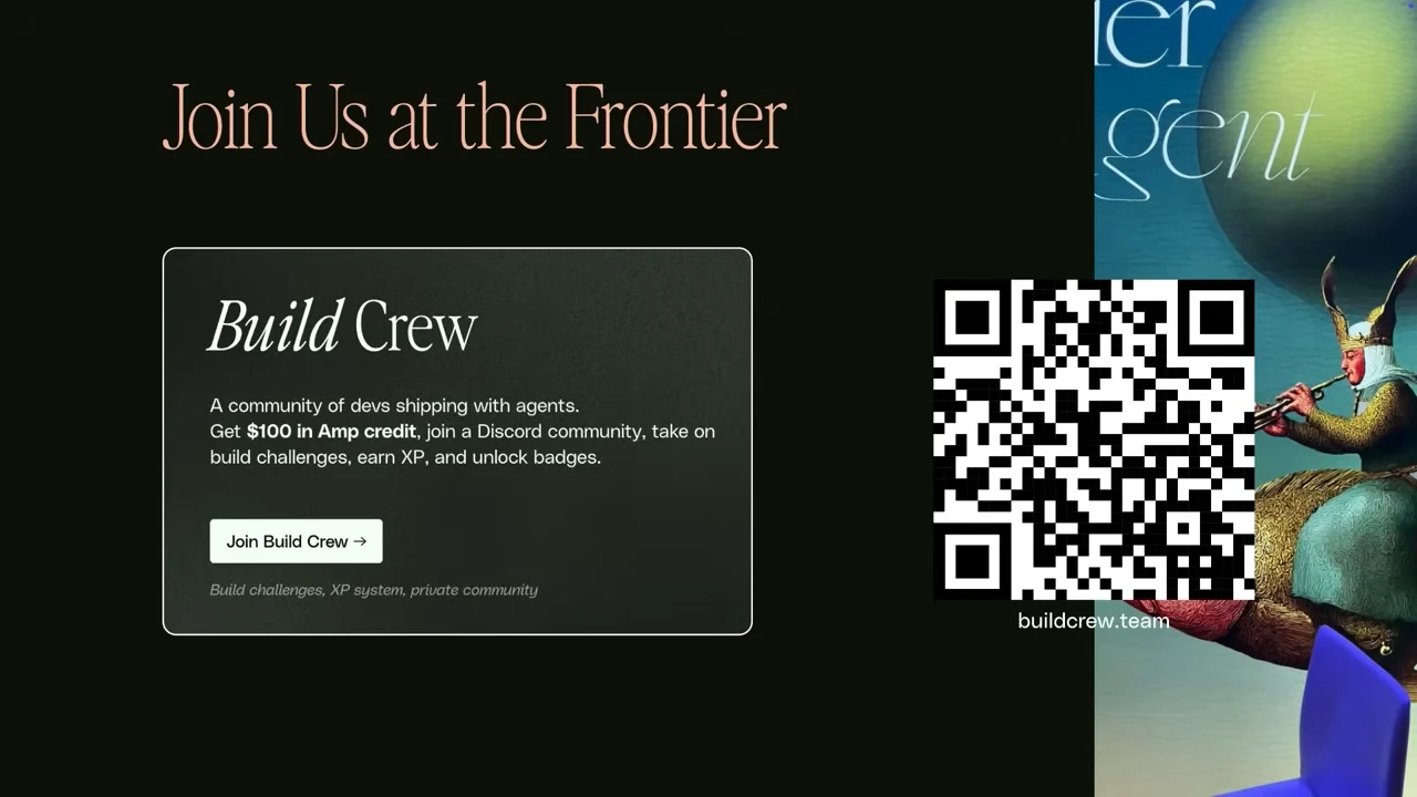 Full slide titled “Join Us at the Frontier,” featuring a Build Crew community card, a join button, a QR code labeled buildcrew.team, and illustrated artwork.