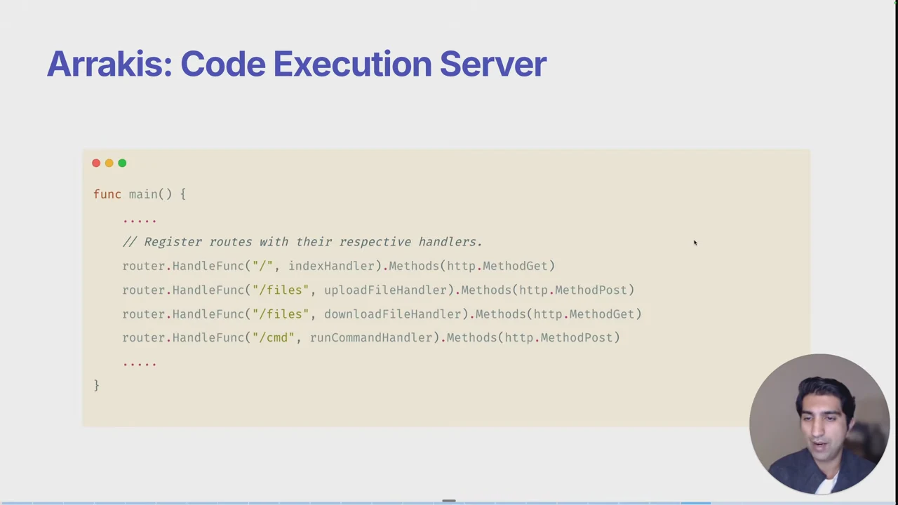 Arrakis Code Execution Server slide showing Go route registrations for an index, file upload, file download, and command execution.