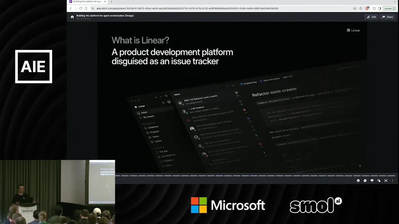 Slide titled “What is Linear?” with a product development platform description above an angled screenshot of the issue interface.