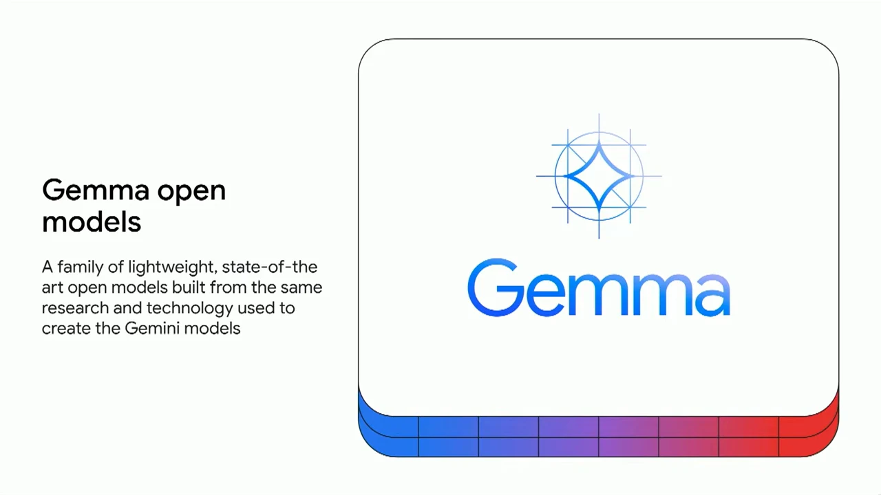 Slide titled “Gemma open models” with a short description beside a large Gemma logo.