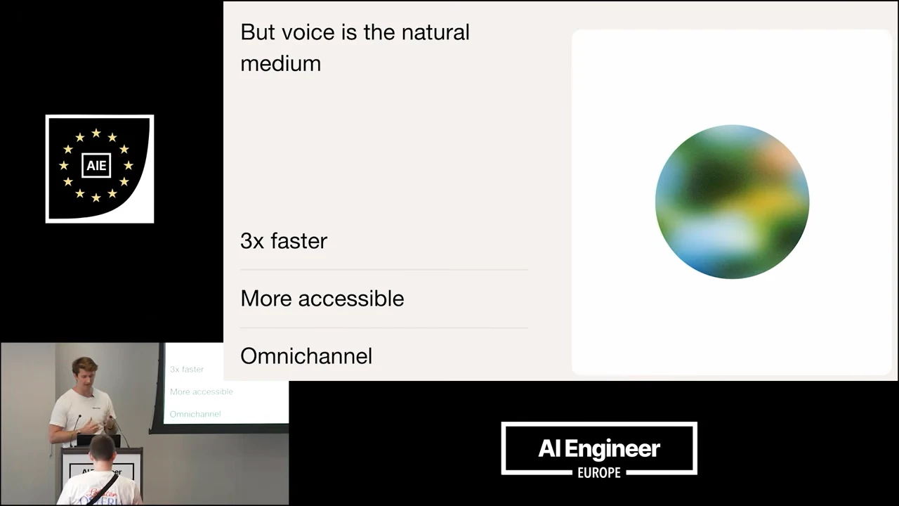 Slide titled “But voice is the natural medium” lists “3x faster,” “More accessible,” and “Omnichannel” beside a multicolored orb.
