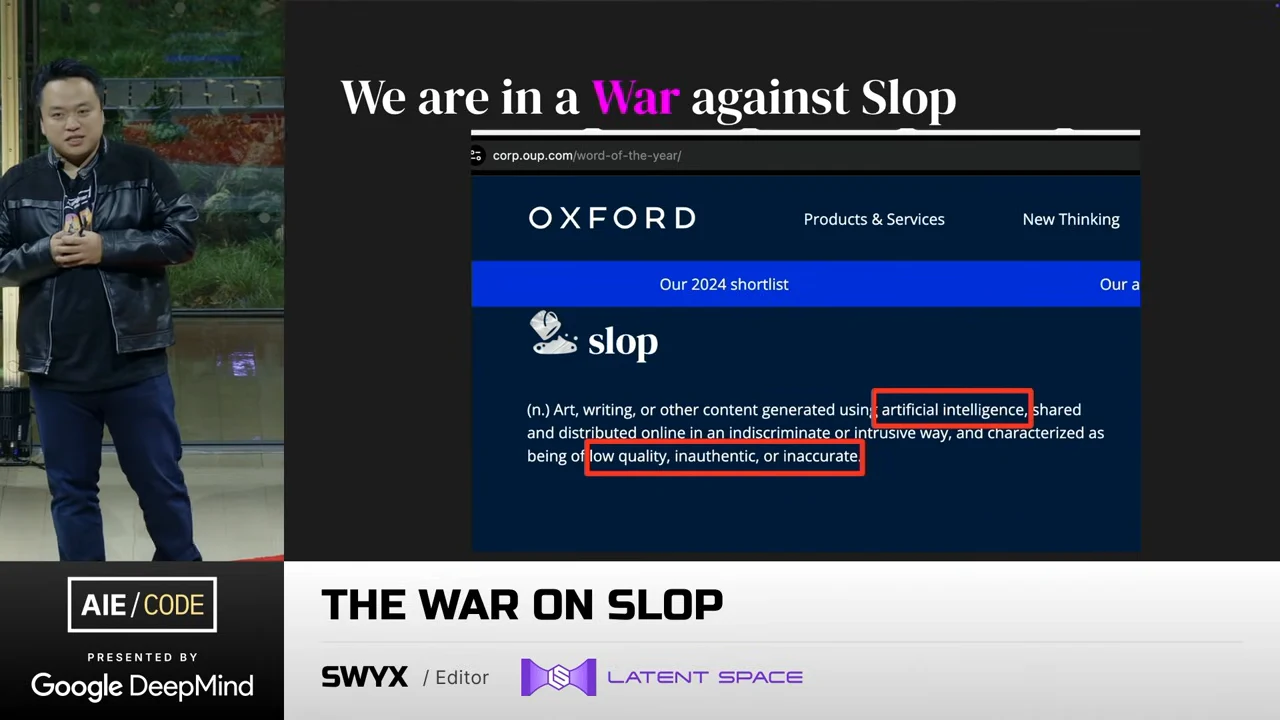 Slide titled “We are in a War against Slop” showing Oxford’s definition with red boxes around “artificial intelligence” and “low quality, inauthentic, or inaccurate.”