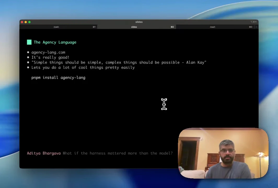 The Agency Language slide showing agency-lang.com, an Alan Kay quote about simplicity and complexity, and pnpm install agency-lang.