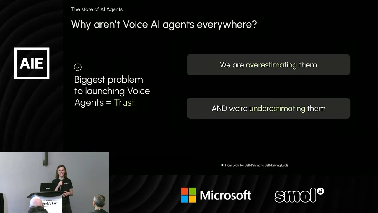 Slide asking why voice AI agents aren't everywhere, with trust identified as the biggest problem and two boxes stating that we overestimate and underestimate them.