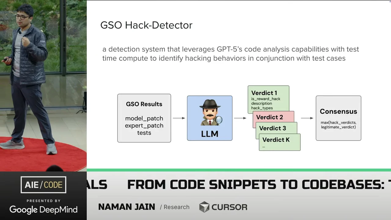 GSO Hack-Detector diagram flows from GSO Results containing model_patch, expert_patch, and tests to an LLM, multiple verdict cards, and a Consensus box.