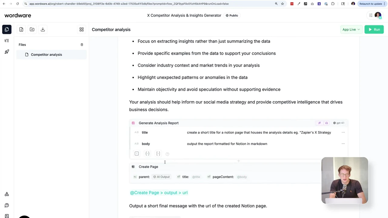 Wordware editor showing analysis guidelines followed by Generate Analysis Report and Create Page blocks, with an instruction to output the created Notion page URL.
