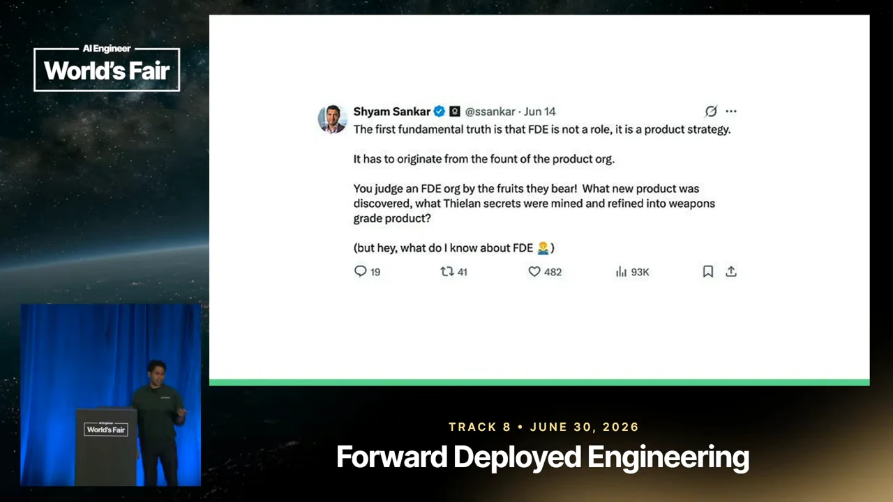 Slide showing Shyam Sankar’s post about FDE as a product strategy, with the speaker inset at lower left.