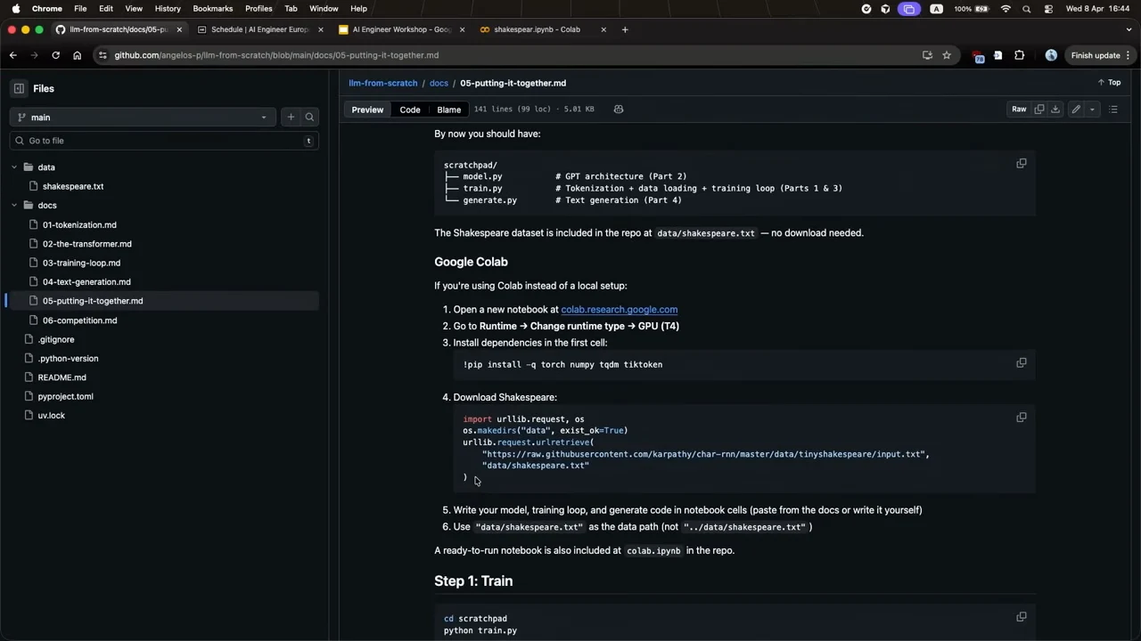 GitHub documentation showing model.py, train.py, and generate.py, followed by Colab setup, dependency installation, dataset download, and a training command.