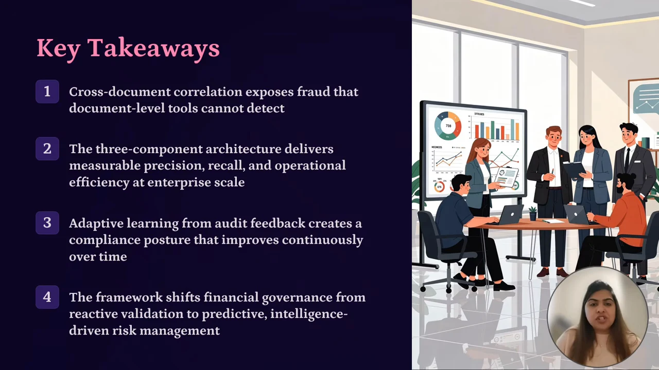 “Key Takeaways” slide with four numbered statements on the left and an illustrated office meeting on the right, with a presenter inset below.