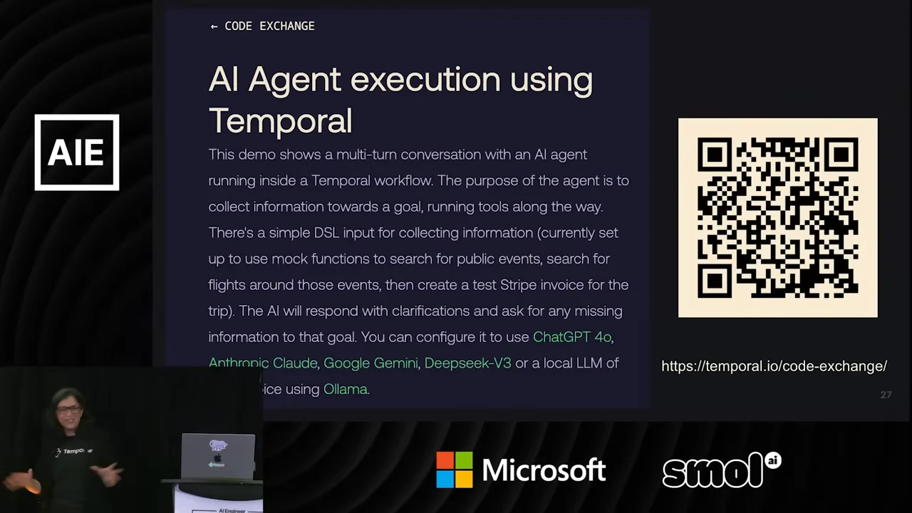 Slide titled AI Agent execution using Temporal, with an example description, a QR code, and the temporal.io/code-exchange address.