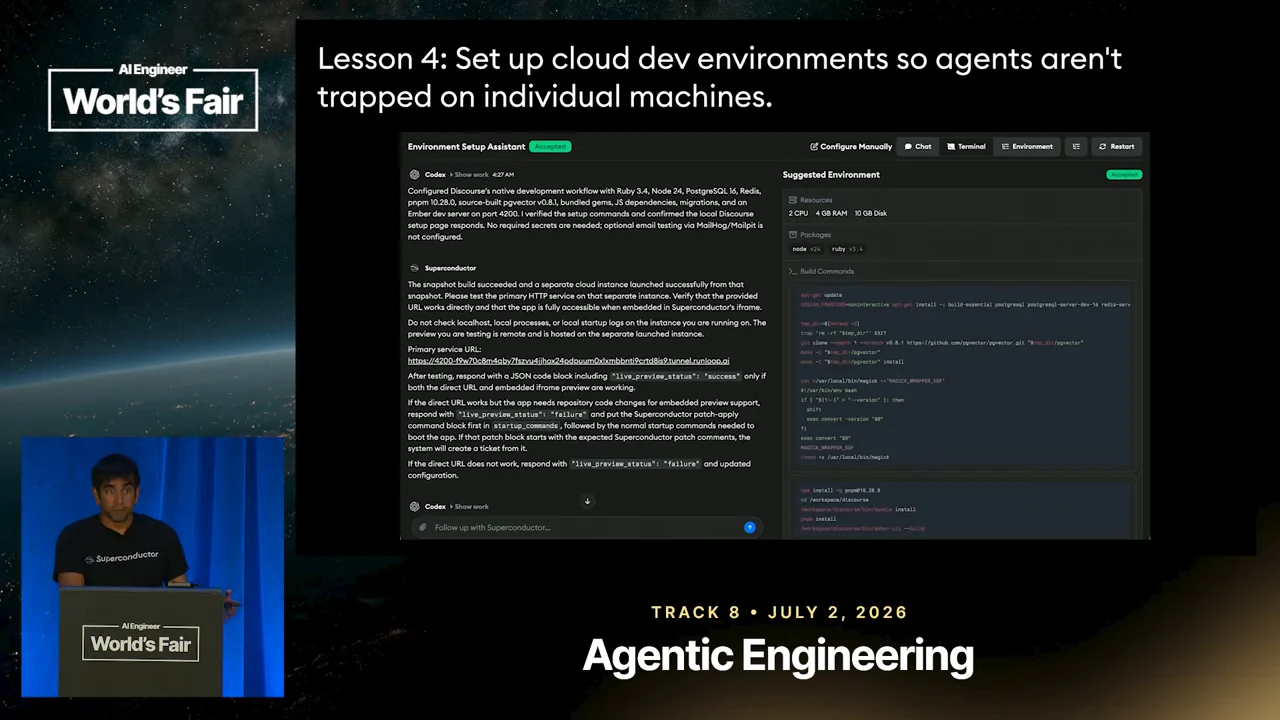 Slide recommending cloud development environments, with an Environment Setup Assistant conversation beside a Suggested Environment configuration panel.