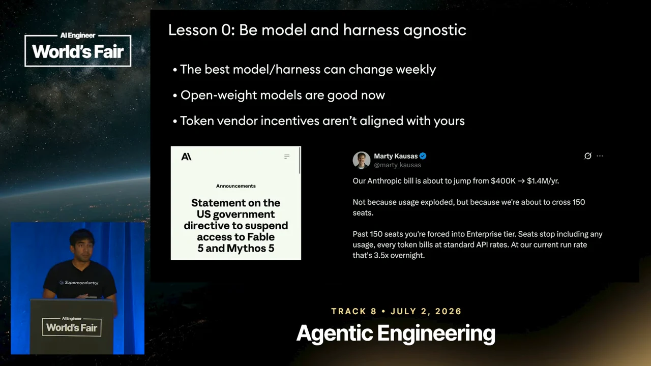 Slide with three reasons for model and harness independence, alongside an announcement screenshot and a post about vendor pricing.