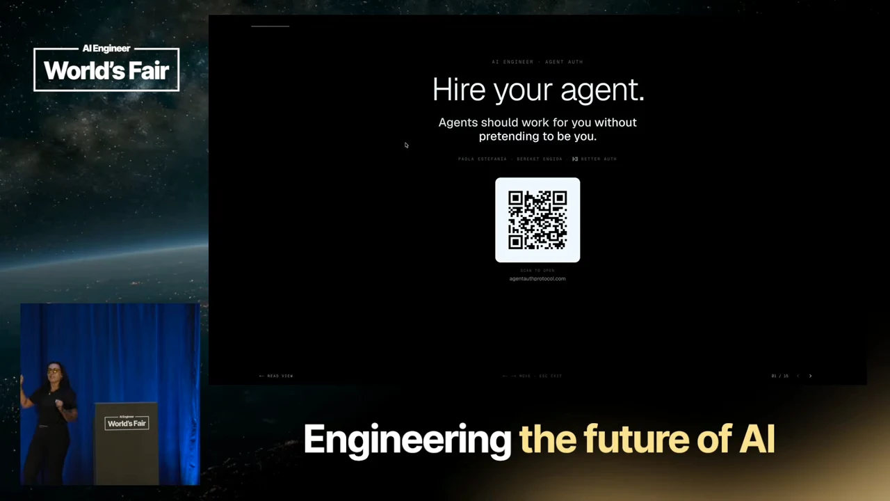 Slide titled “Hire your agent.” with the subtitle “Agents should work for you without pretending to be you” and a QR code.