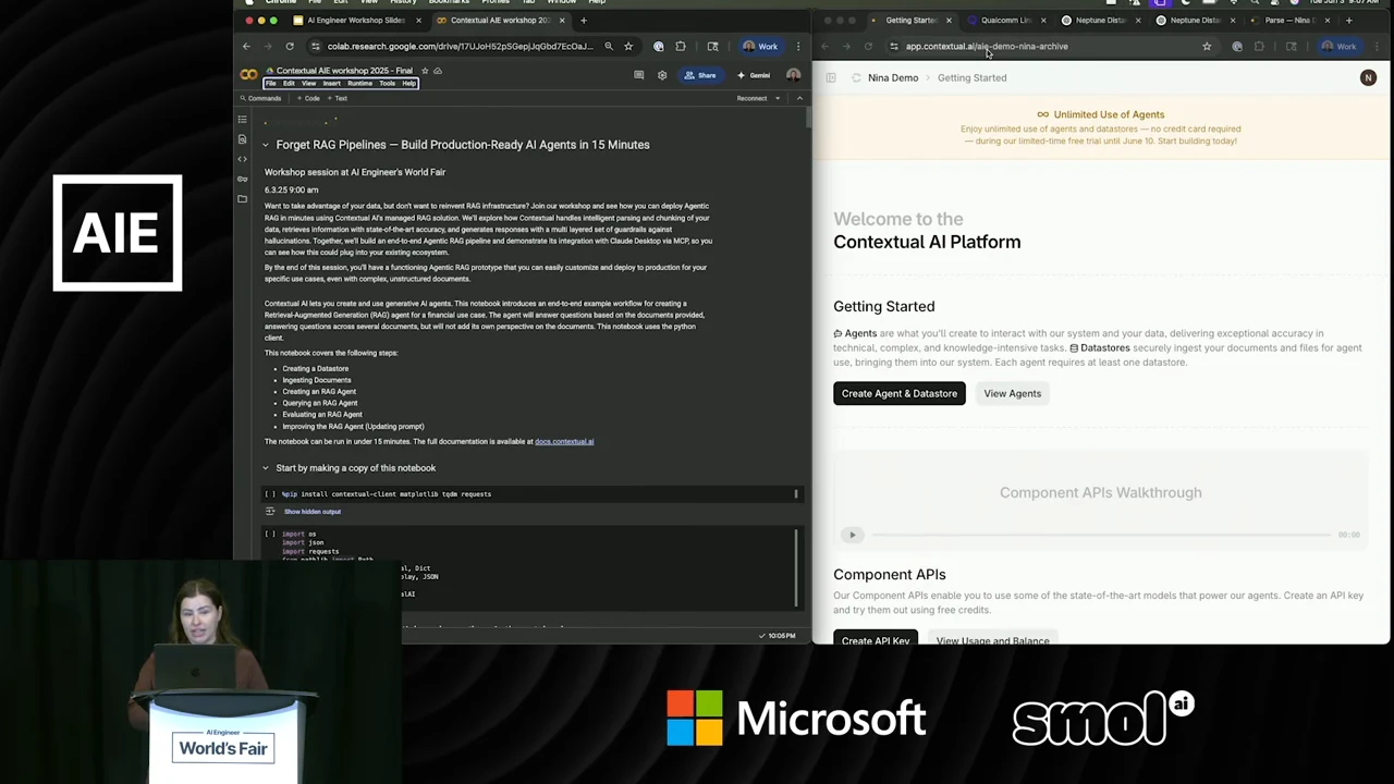 Split screen shows a workshop notebook and the Contextual AI Platform Getting Started page with Create Agent & Datastore and View Agents buttons.