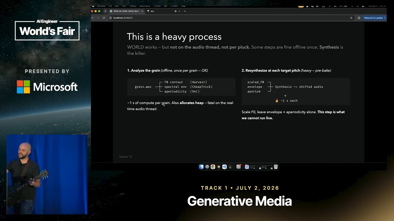 Slide titled “This is a heavy process,” with side-by-side diagrams for analyzing a grain and resynthesizing it at each target pitch.