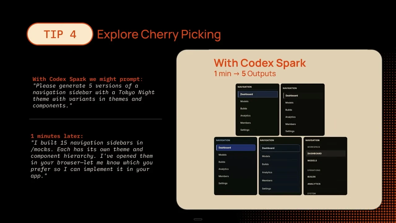 Tip 4 slide shows five dark navigation sidebar designs under With Codex Spark and 1 min → 5 Outputs, alongside example prompt and response text.