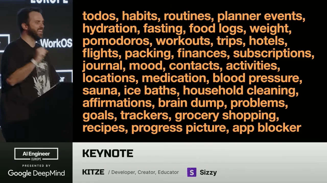 Kitze beside an orange text list including todos, habits, routines, planner events, health tracking, travel, finances, journaling, grocery shopping, recipes, and an app blocker.