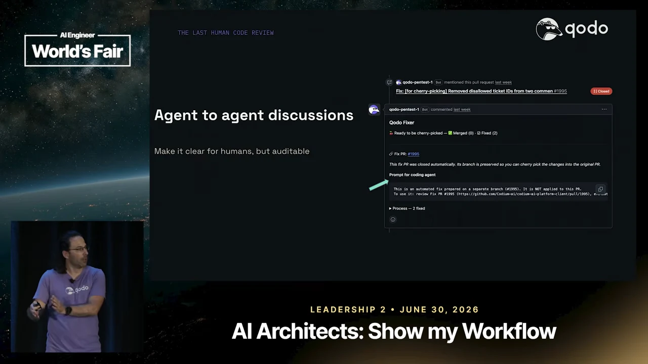 Slide titled “Agent to agent discussions,” with “Make it clear for humans, but auditable,” a closed pull request, and a Qodo Fixer comment containing a coding-agent prompt.