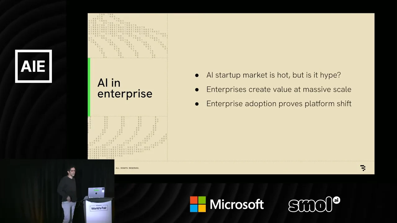 Slide titled “AI in enterprise” with bullets about startup hype, enterprise value at massive scale, and adoption proving a platform shift.