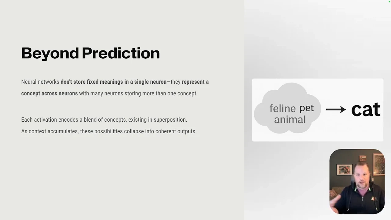 Slide explaining concepts across neurons, with a cloud containing feline, pet, and animal pointing to the word cat.