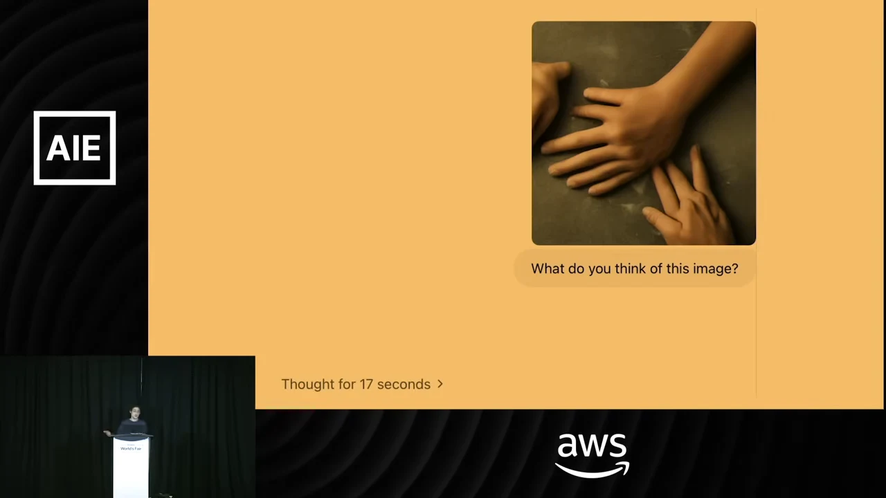 Chat screenshot showing hands with distorted fingers, the question “What do you think of this image?”, and “Thought for 17 seconds.”
