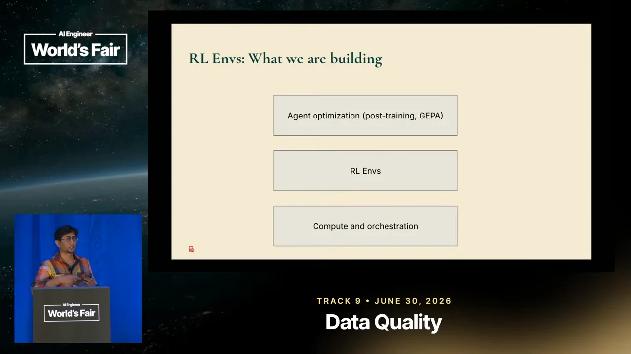 “RL Envs: What we are building” slide with three stacked boxes labeled “Agent optimization (post-training, GEPA),” “RL Envs,” and “Compute and orchestration.”