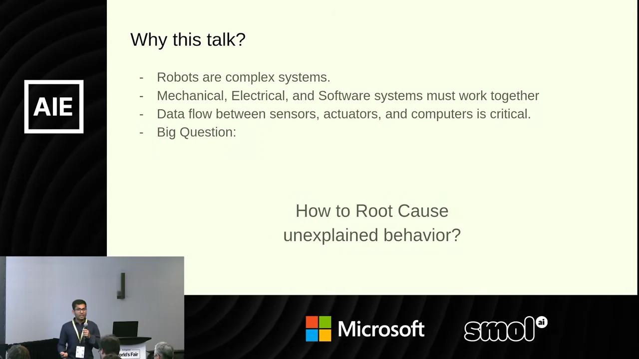 Slide listing robot complexity, coordination of mechanical, electrical and software systems, and critical data flow, followed by “How to Root Cause unexplained behavior?”