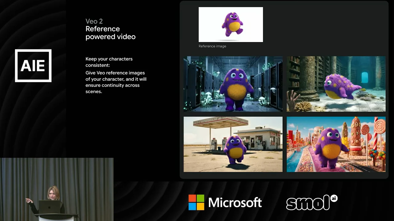 Veo 2 reference-powered video slide showing a purple and yellow monster reference above four scenes featuring the character.
