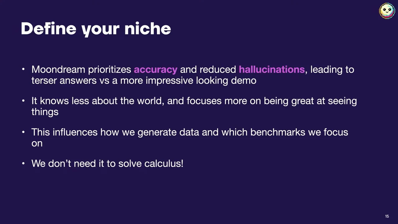 “Define your niche” slide with four bullets covering accuracy, visual understanding, data and benchmark choices, and excluding calculus.