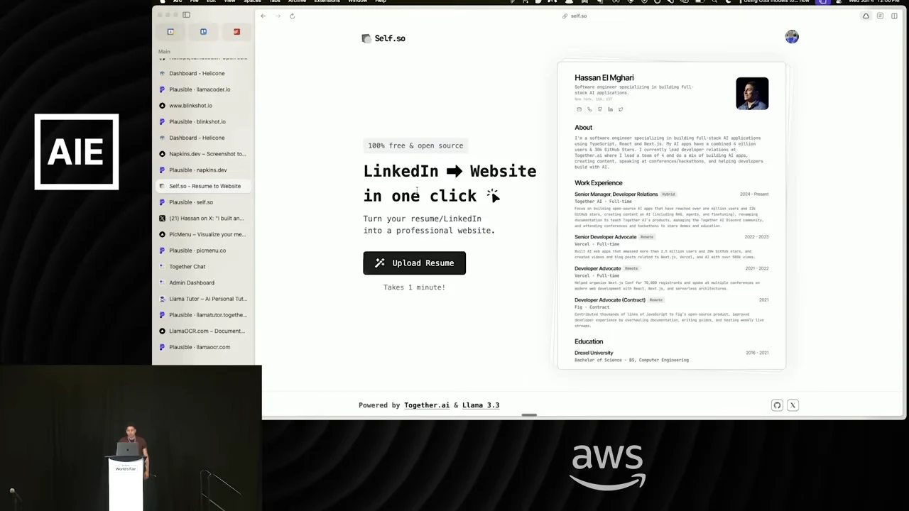 Self.so page reading “LinkedIn → Website in one click,” with an Upload Resume button beside a profile preview containing About, Work Experience, and Education sections.