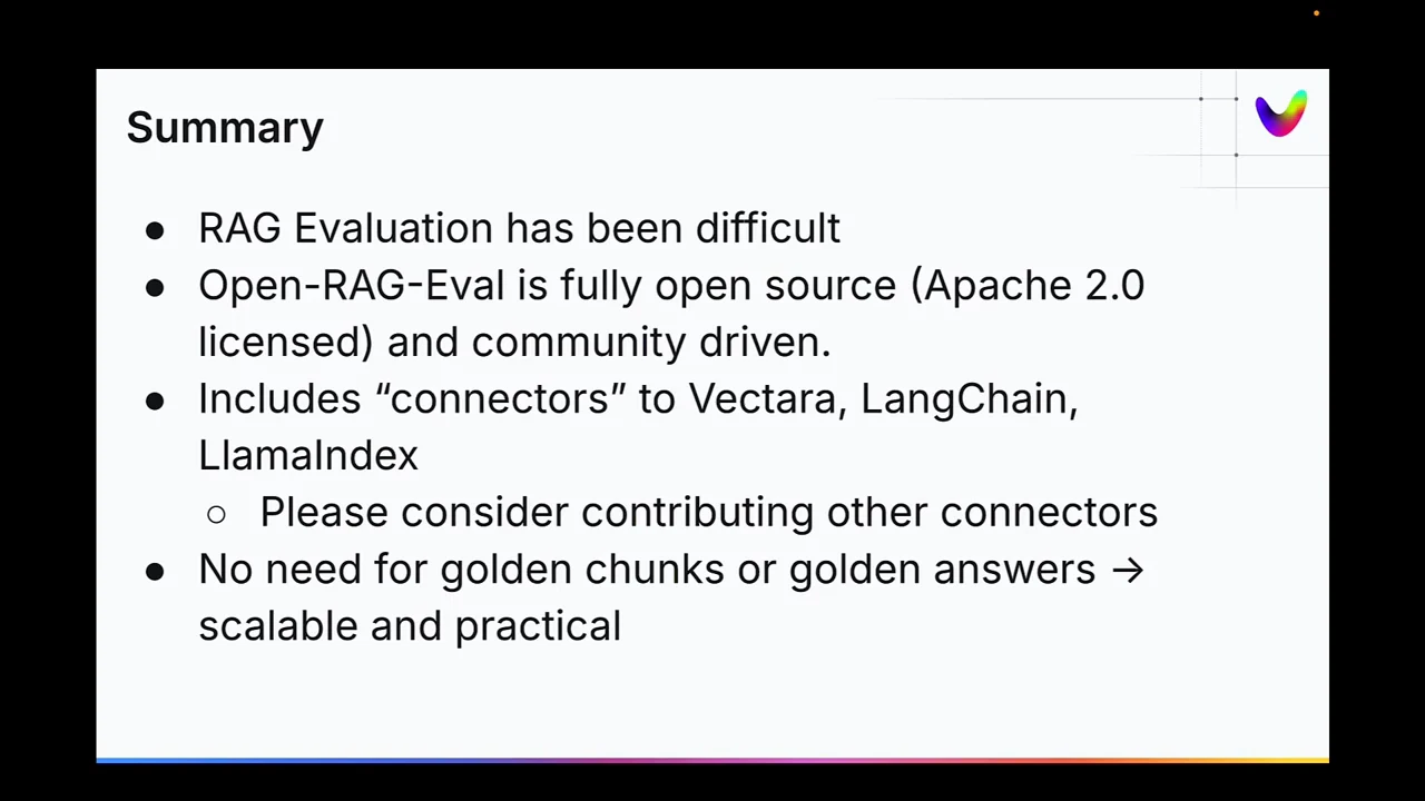Summary slide listing Apache 2.0 licensing, Vectara, LangChain and LlamaIndex connectors, an invitation to contribute connectors, and no need for golden chunks or answers.
