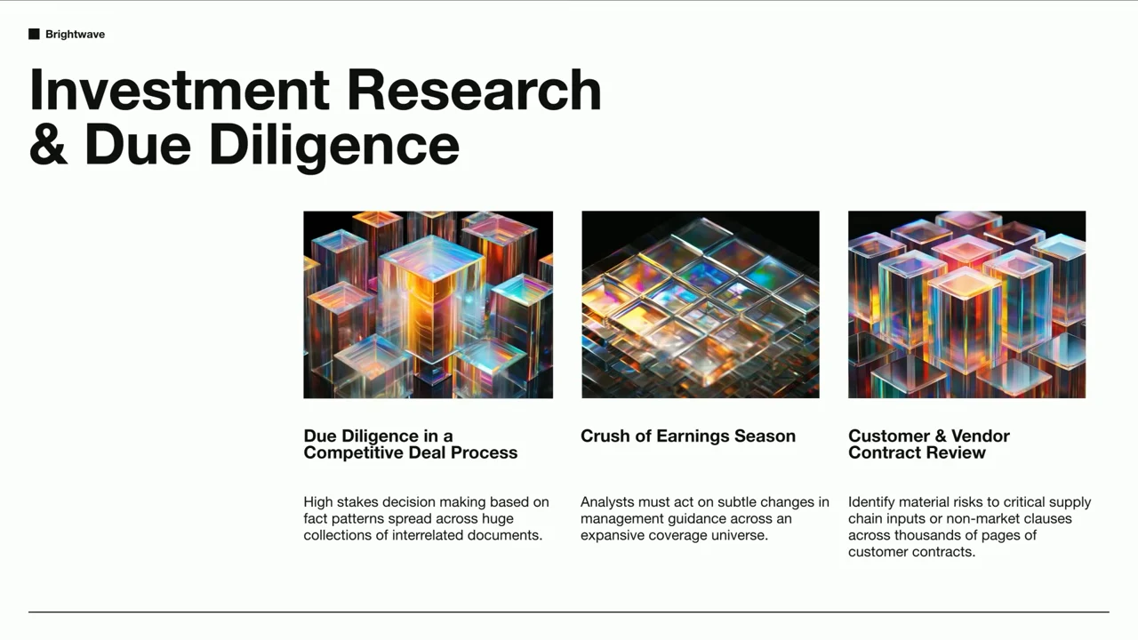 Investment Research & Due Diligence slide with three illustrated columns covering competitive deal diligence, earnings season, and customer and vendor contract review.