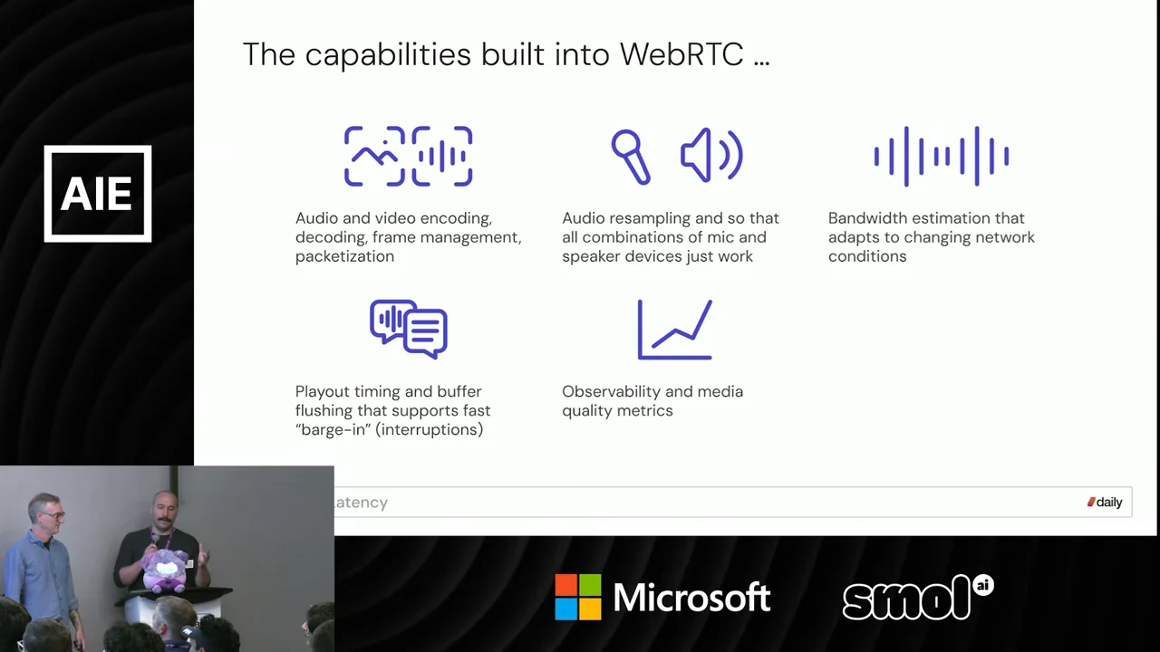 Five illustrated capability groups cover audio and video encoding, audio resampling, bandwidth estimation, playout timing and buffer flushing, and media quality metrics.