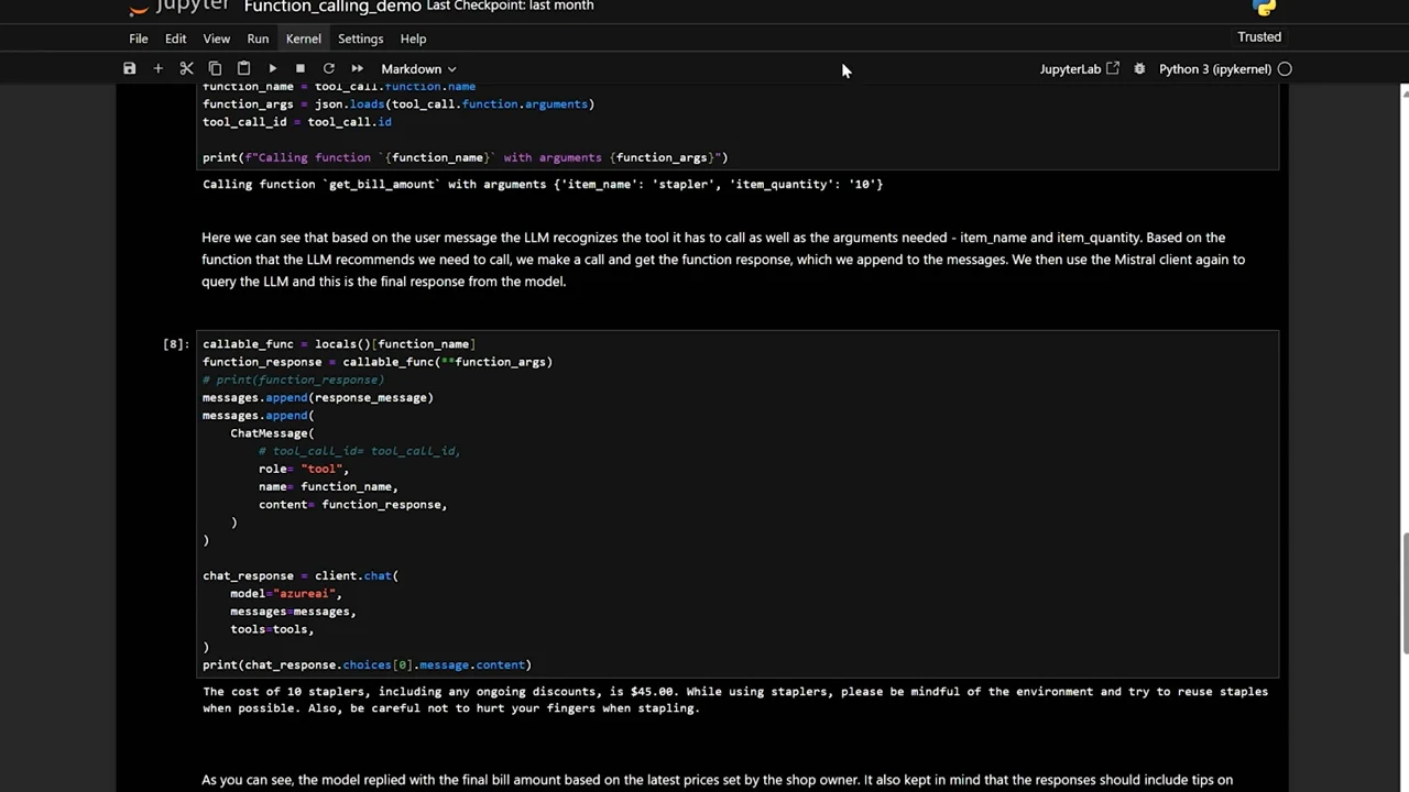 Jupyter notebook showing function-call arguments for 10 staplers, code passing the function response back to the model, and a final answer quoting $45.00 with reuse and stapling-safety advice.