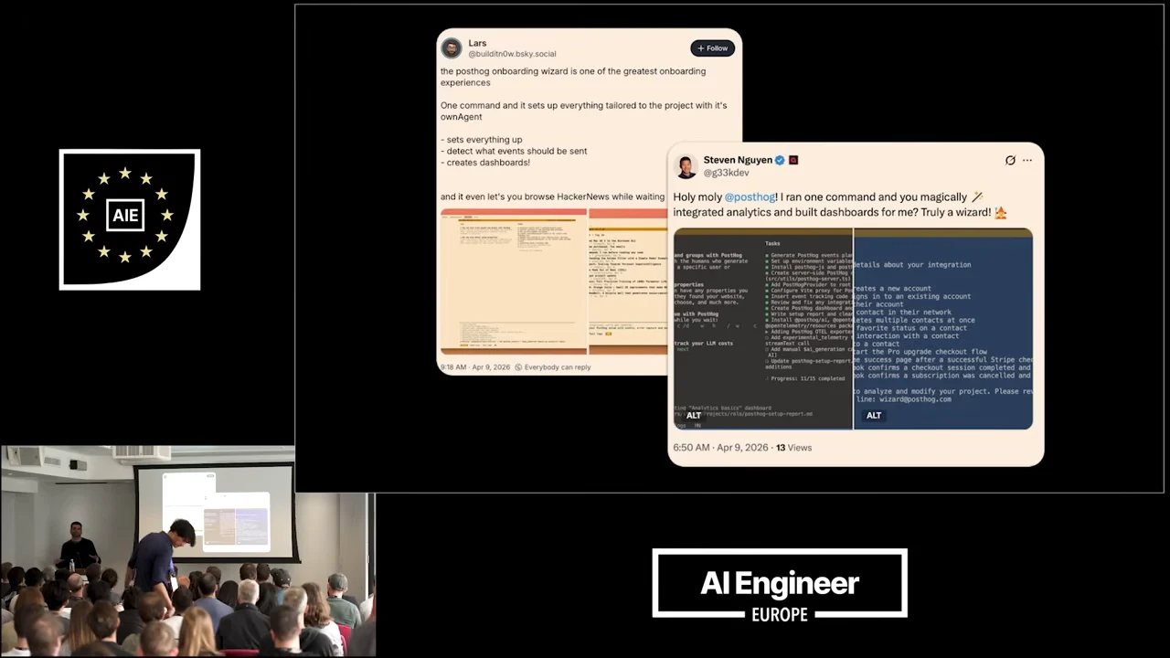 Slide showing two overlapping social posts about PostHog onboarding, each containing terminal screenshots.